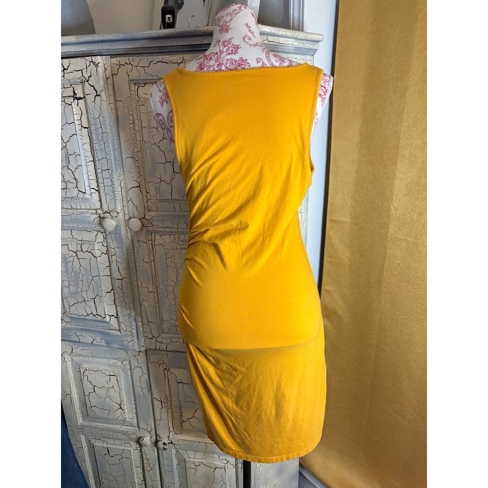 Athleta Mustard Yellow Ruched Side Sleeveless Midi Dress Med Cotton Blend Preppy - Picture 3 of 7